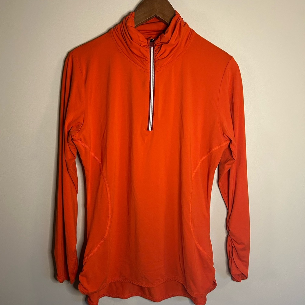 Title Nine | Orange Paradigm Long Sleeve Half Zip Pullover Ruched Sleeve
